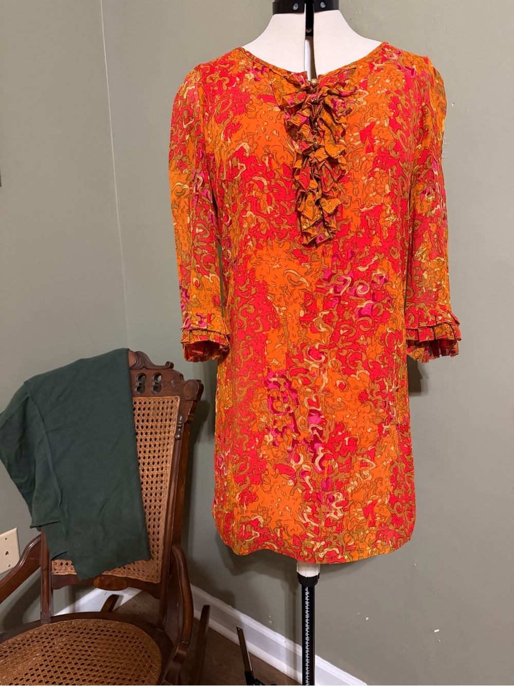Beth Bowley 100% Silk Ruffle Front Mini Dress Orange Pink Boho Chic Size 6